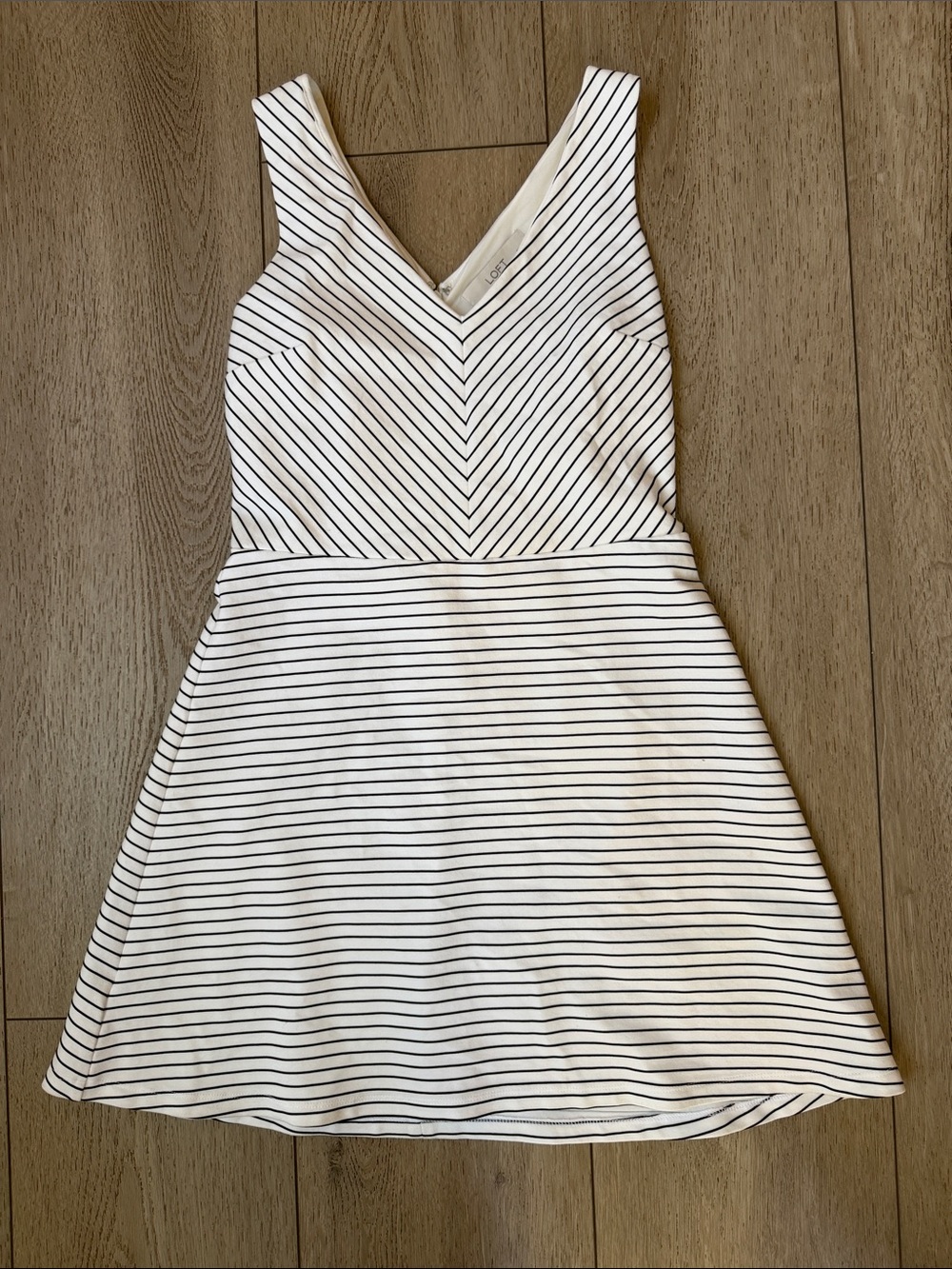 LOFT White and Black Striped V-Neck Fit & Flare Dress